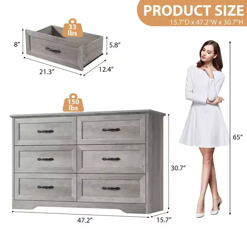 6 Drawers Dresser for Bedroom, Chest of Drawers with Wide Metal Handle, Storage Organizer Dressers