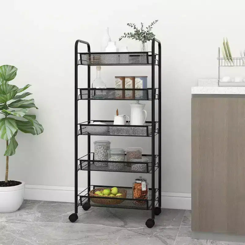 CLIHOME 5 Tier Mesh Rolling File Utility Cart Storage Basket Home Office Trolley Kitchen Pantry Organizers