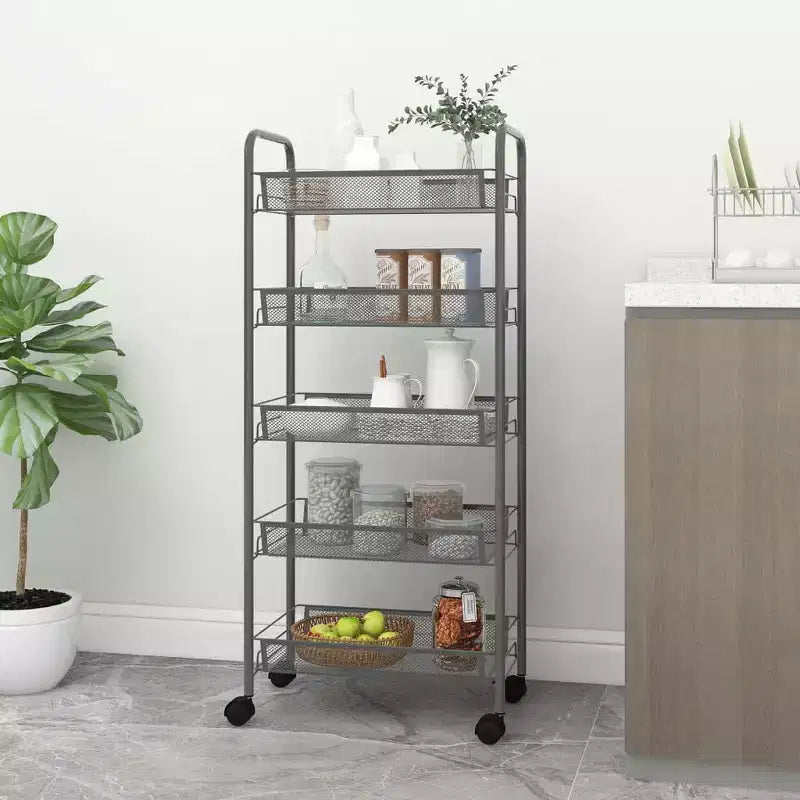 CLIHOME 5 Tier Mesh Rolling File Utility Cart Storage Basket Home Office Trolley Kitchen Pantry Organizers