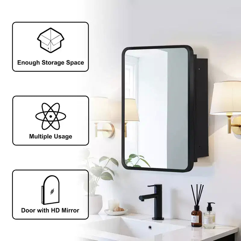 MAYEERTY 28 x 20in Modern Rectangular Bathroom Medicine Cabinets, Metal Framed Wall Mirror with Storage, Black