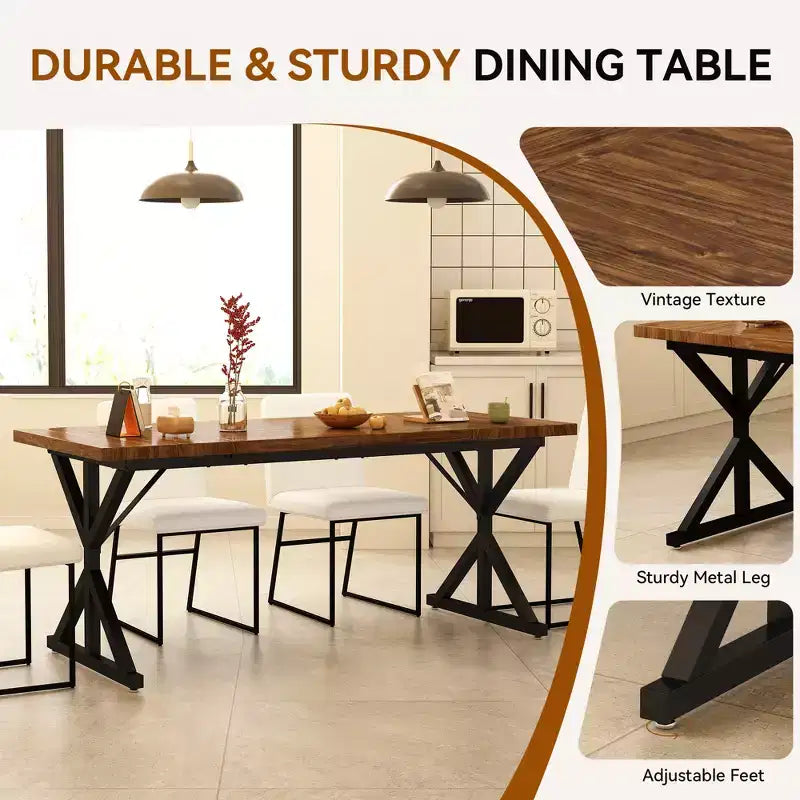 Vipbear Farmhouse Dining Table for 6 People,70.8 Inch Rectangular Wood Dining Table, Rustic Kitchen Table with Heavy Duty Metal Legs for Dining Room