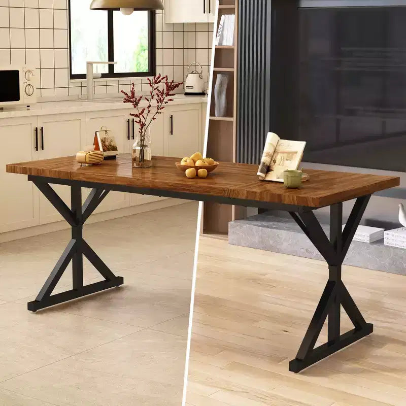 Vipbear Farmhouse Dining Table for 6 People,70.8 Inch Rectangular Wood Dining Table, Rustic Kitchen Table with Heavy Duty Metal Legs for Dining Room