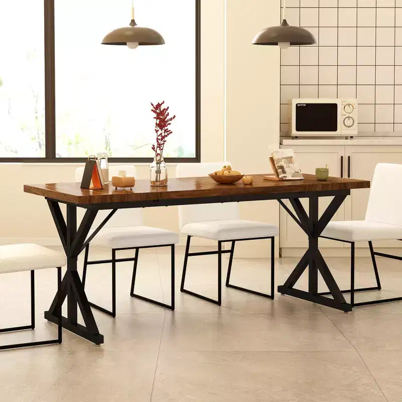 Vipbear Farmhouse Dining Table for 6 People,70.8 Inch Rectangular Wood Dining Table, Rustic Kitchen Table with Heavy Duty Metal Legs for Dining Room