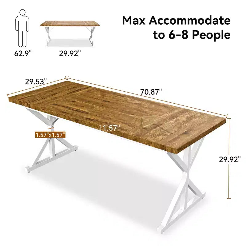 Vipbear Farmhouse Dining Table for 6 People,70.8 Inch Rectangular Wood Dining Table, Rustic Kitchen Table with Heavy Duty Metal Legs for Dining Room