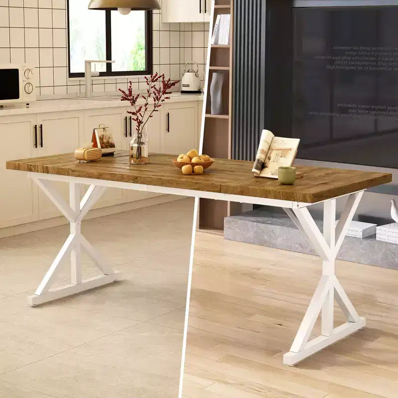 Vipbear Farmhouse Dining Table for 6 People,70.8 Inch Rectangular Wood Dining Table, Rustic Kitchen Table with Heavy Duty Metal Legs for Dining Room