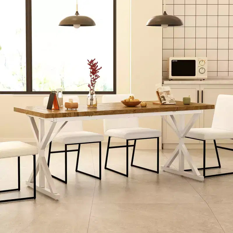 Vipbear Farmhouse Dining Table for 6 People,70.8 Inch Rectangular Wood Dining Table, Rustic Kitchen Table with Heavy Duty Metal Legs for Dining Room