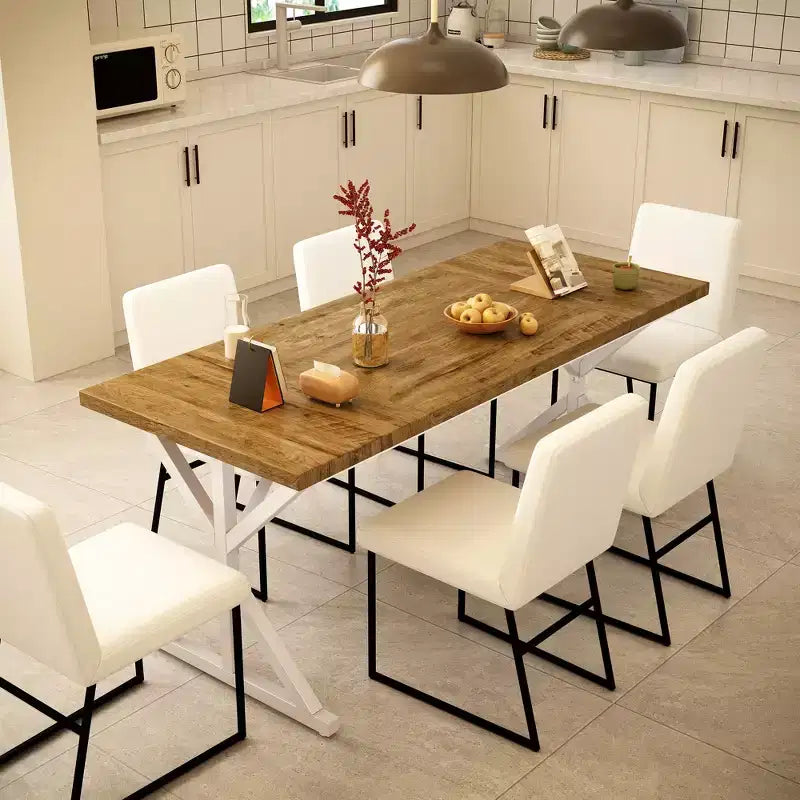 Vipbear Farmhouse Dining Table for 6 People,70.8 Inch Rectangular Wood Dining Table, Rustic Kitchen Table with Heavy Duty Metal Legs for Dining Room