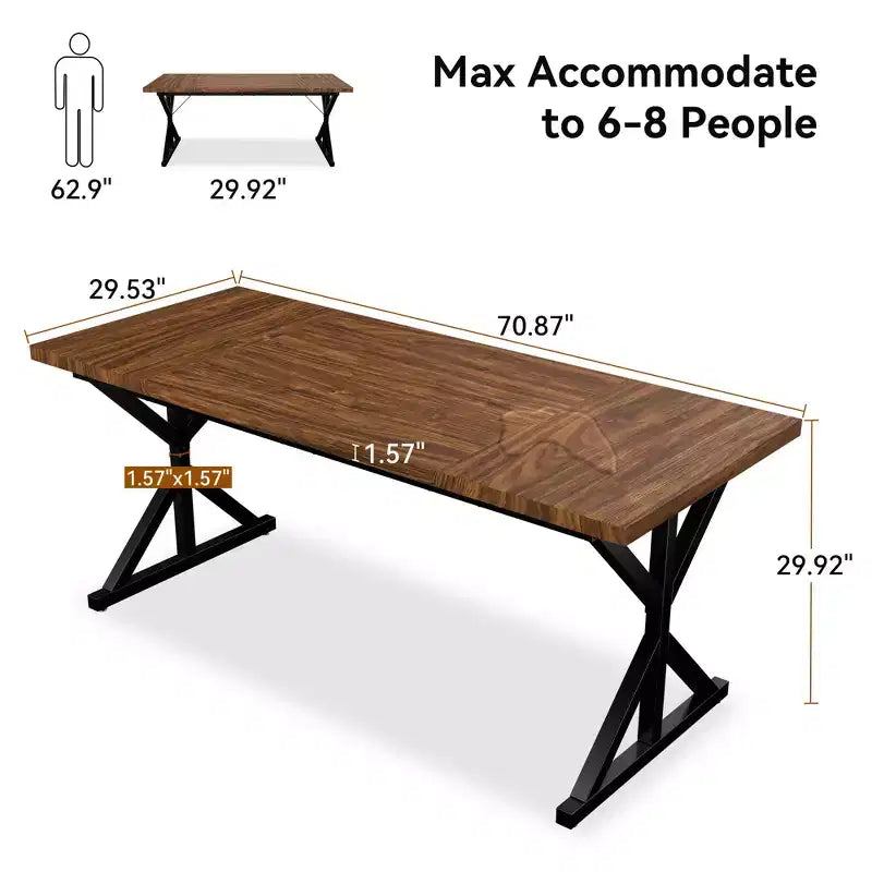 Vipbear Farmhouse Dining Table for 6 People,70.8 Inch Rectangular Wood Dining Table, Rustic Kitchen Table with Heavy Duty Metal Legs for Dining Room