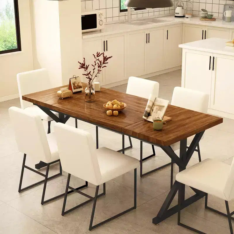 Vipbear Farmhouse Dining Table for 6 People,70.8 Inch Rectangular Wood Dining Table, Rustic Kitchen Table with Heavy Duty Metal Legs for Dining Room