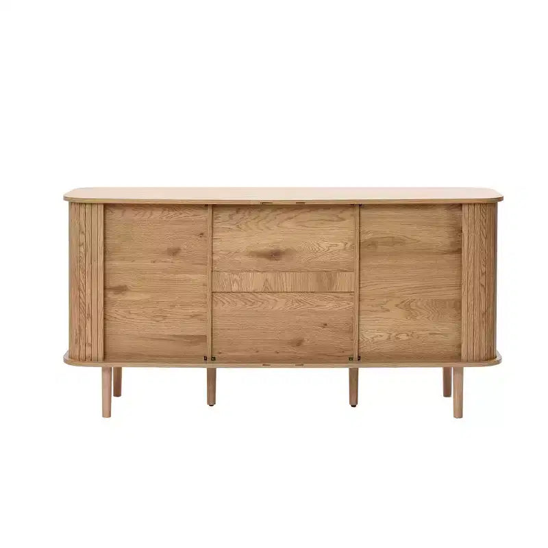 LuxenHome Oak Finish MDF Wood 3-Drawer Sideboard Cabinet with Sliding Doors & Rounded Corners