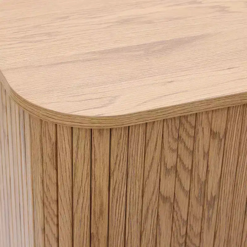 LuxenHome Oak Finish MDF Wood 3-Drawer Sideboard Cabinet with Sliding Doors & Rounded Corners