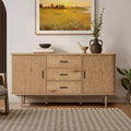 LuxenHome Oak Finish MDF Wood 3-Drawer Sideboard Cabinet with Sliding Doors & Rounded Corners