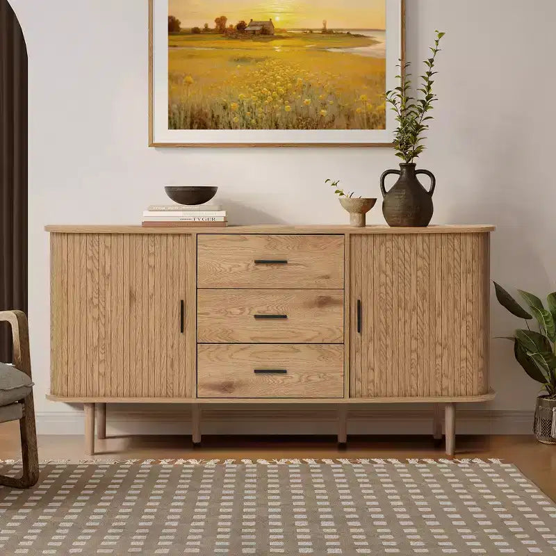 LuxenHome Oak Finish MDF Wood 3-Drawer Sideboard Cabinet with Sliding Doors & Rounded Corners