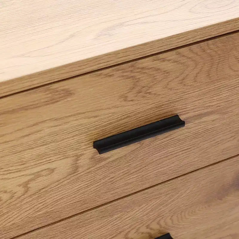 LuxenHome Oak Finish MDF Wood 3-Drawer Sideboard Cabinet with Sliding Doors & Rounded Corners