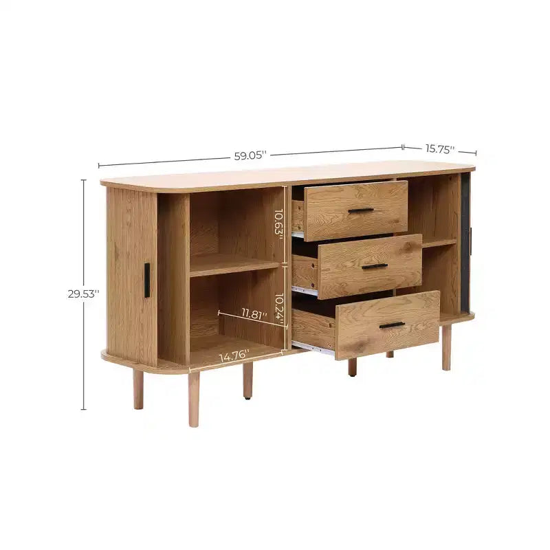 LuxenHome Oak Finish MDF Wood 3-Drawer Sideboard Cabinet with Sliding Doors & Rounded Corners