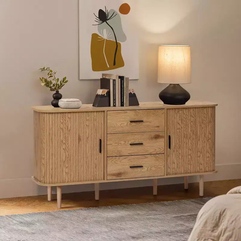 LuxenHome Oak Finish MDF Wood 3-Drawer Sideboard Cabinet with Sliding Doors & Rounded Corners