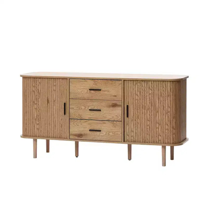 LuxenHome Oak Finish MDF Wood 3-Drawer Sideboard Cabinet with Sliding Doors & Rounded Corners