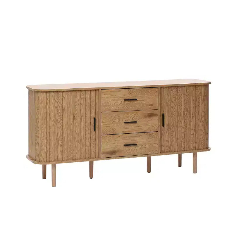 LuxenHome Oak Finish MDF Wood 3-Drawer Sideboard Cabinet with Sliding Doors & Rounded Corners