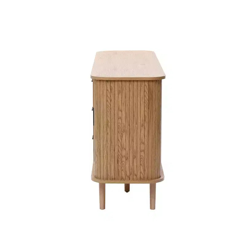 LuxenHome Oak Finish MDF Wood 3-Drawer Sideboard Cabinet with Sliding Doors & Rounded Corners