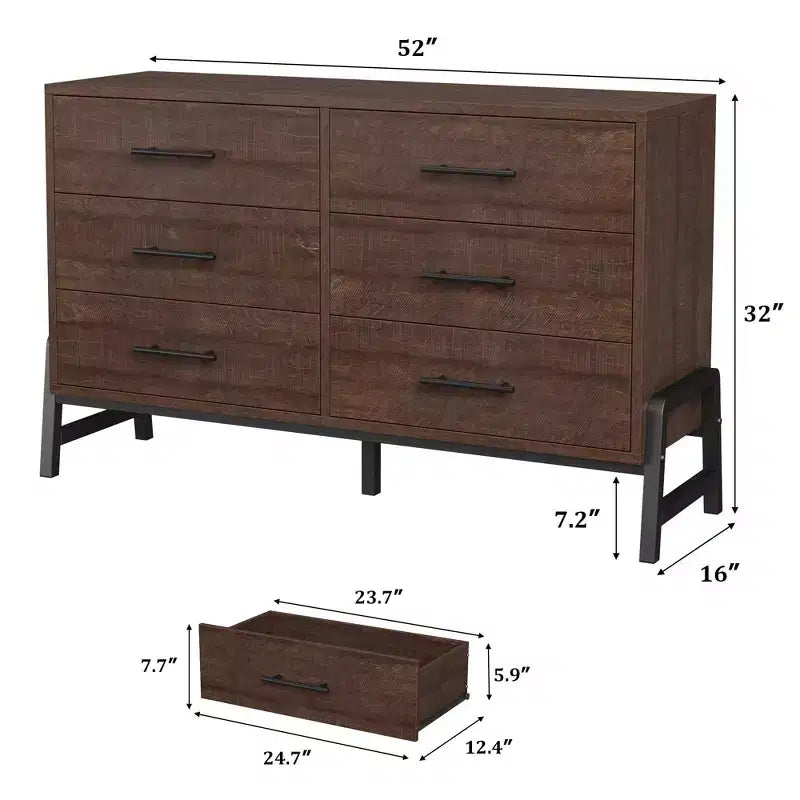 6 Drawer Dresser for Bedroom, 52W Wooden Chest of Drawers with Metal Legs, Clothes Storage Organizer, Dresser TV Stand for Hallway