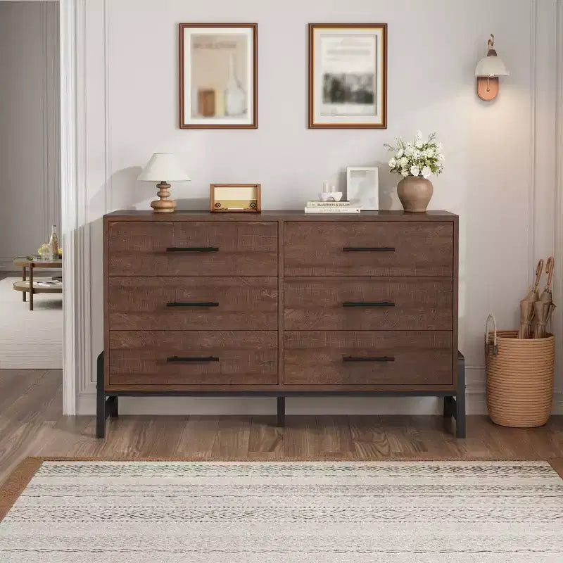 6 Drawer Dresser for Bedroom, 52W Wooden Chest of Drawers with Metal Legs, Clothes Storage Organizer, Dresser TV Stand for Hallway