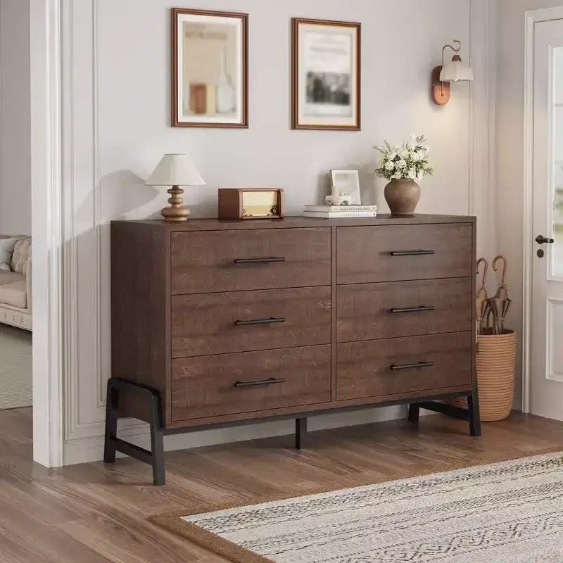 6 Drawer Dresser for Bedroom, 52W Wooden Chest of Drawers with Metal Legs, Clothes Storage Organizer, Dresser TV Stand for Hallway