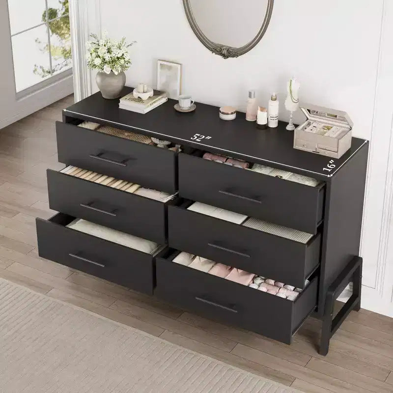 6 Drawer Dresser for Bedroom, 52W Wooden Chest of Drawers with Metal Legs, Clothes Storage Organizer, Dresser TV Stand for Hallway