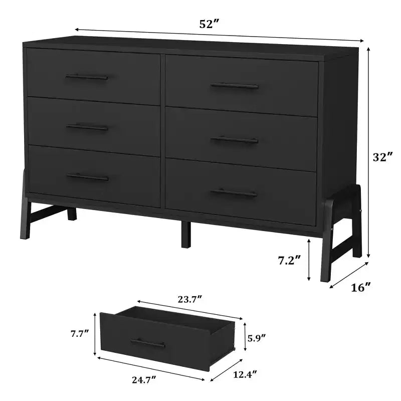 6 Drawer Dresser for Bedroom, 52W Wooden Chest of Drawers with Metal Legs, Clothes Storage Organizer, Dresser TV Stand for Hallway