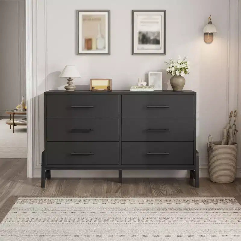 6 Drawer Dresser for Bedroom, 52W Wooden Chest of Drawers with Metal Legs, Clothes Storage Organizer, Dresser TV Stand for Hallway