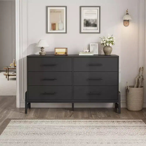6 Drawer Dresser for Bedroom, 52W Wooden Chest of Drawers with Metal Legs, Clothes Storage Organizer, Dresser TV Stand for Hallway