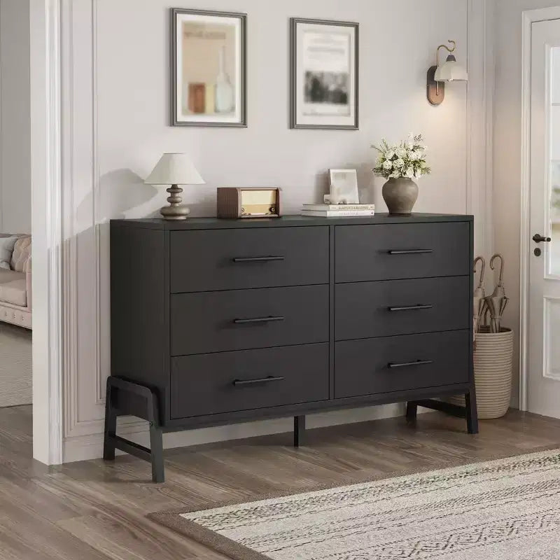 6 Drawer Dresser for Bedroom, 52W Wooden Chest of Drawers with Metal Legs, Clothes Storage Organizer, Dresser TV Stand for Hallway