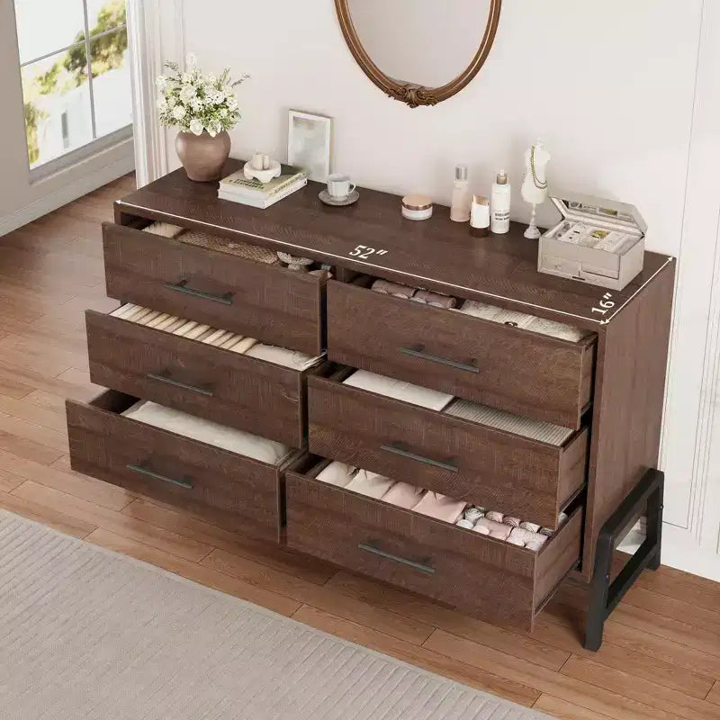 6 Drawer Dresser for Bedroom, 52W Wooden Chest of Drawers with Metal Legs, Clothes Storage Organizer, Dresser TV Stand for Hallway