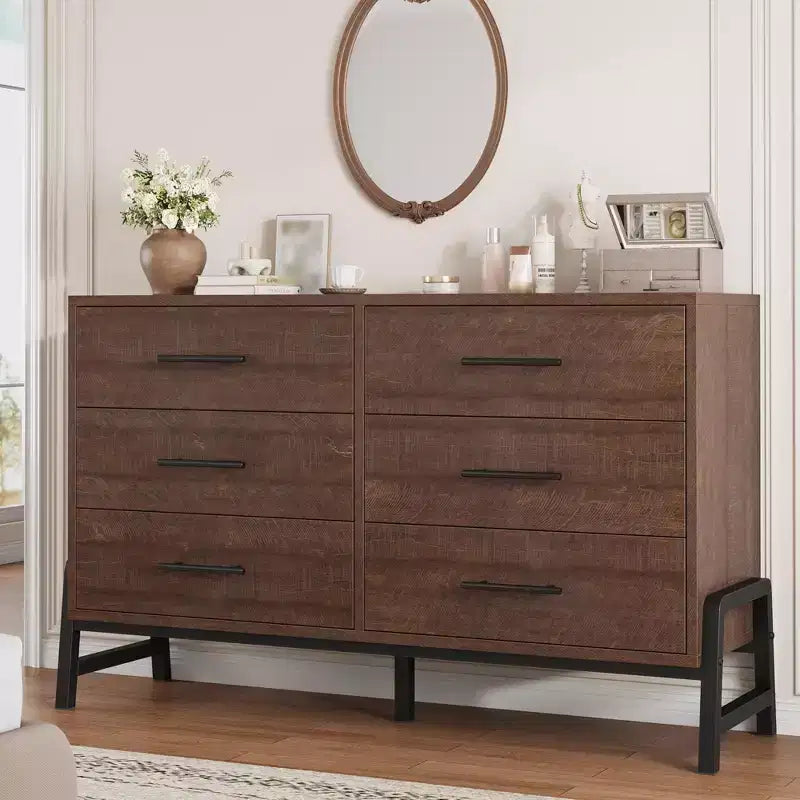 6 Drawer Dresser for Bedroom, 52W Wooden Chest of Drawers with Metal Legs, Clothes Storage Organizer, Dresser TV Stand for Hallway