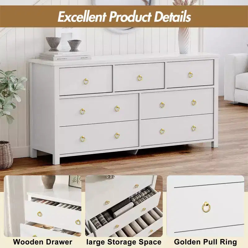 7-Drawer Dresser,Modern Wooden Storage Chest of Drawers,Dresser TV Stand,Wood Drawer Organizer with Handles for Bedroom,Living Room,Hallway,White