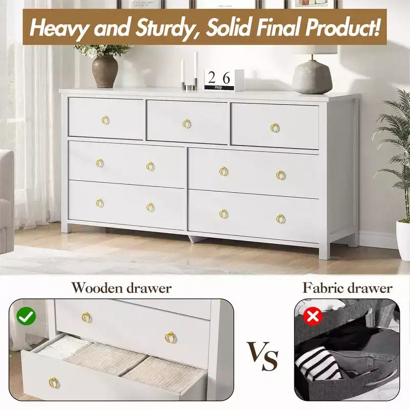 7-Drawer Dresser,Modern Wooden Storage Chest of Drawers,Dresser TV Stand,Wood Drawer Organizer with Handles for Bedroom,Living Room,Hallway,White