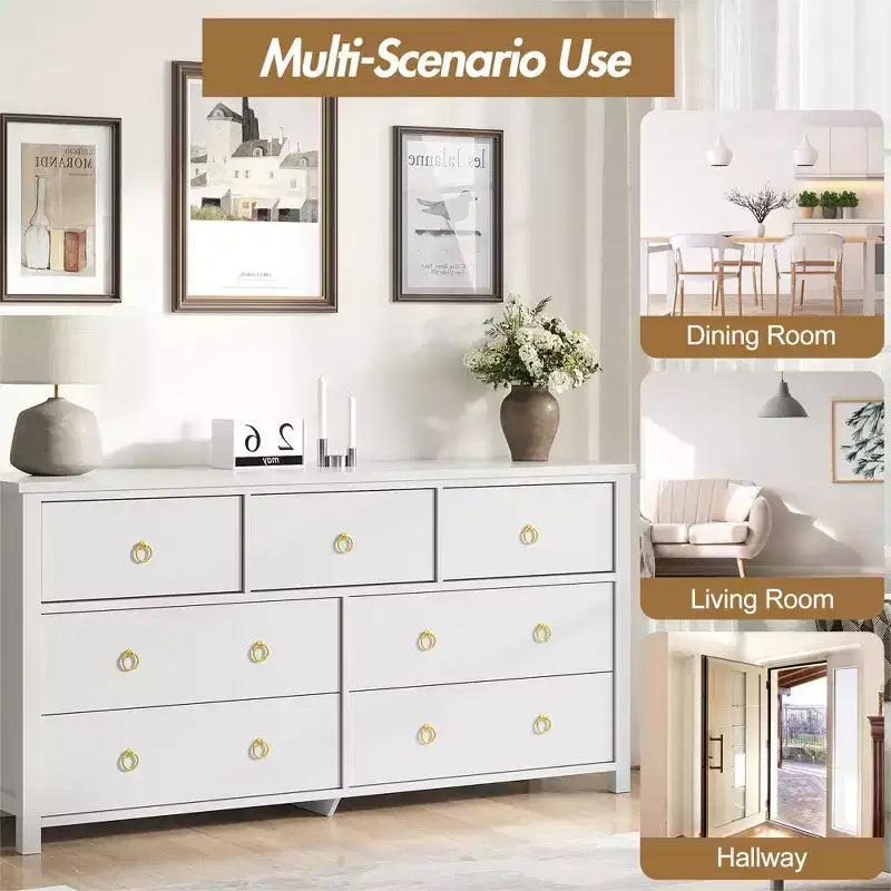 7-Drawer Dresser,Modern Wooden Storage Chest of Drawers,Dresser TV Stand,Wood Drawer Organizer with Handles for Bedroom,Living Room,Hallway,White