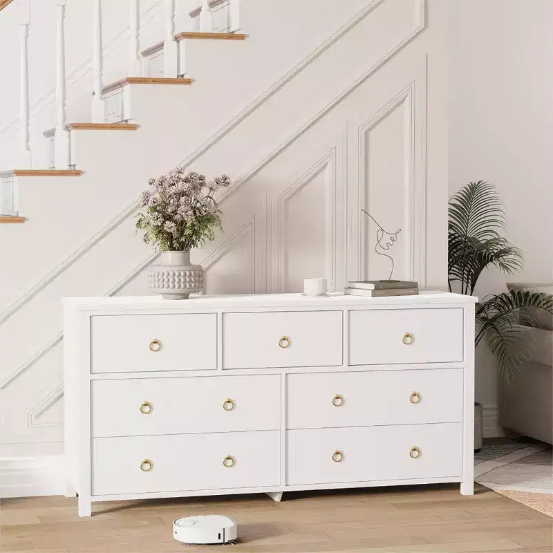 7-Drawer Dresser,Modern Wooden Storage Chest of Drawers,Dresser TV Stand,Wood Drawer Organizer with Handles for Bedroom,Living Room,Hallway,White