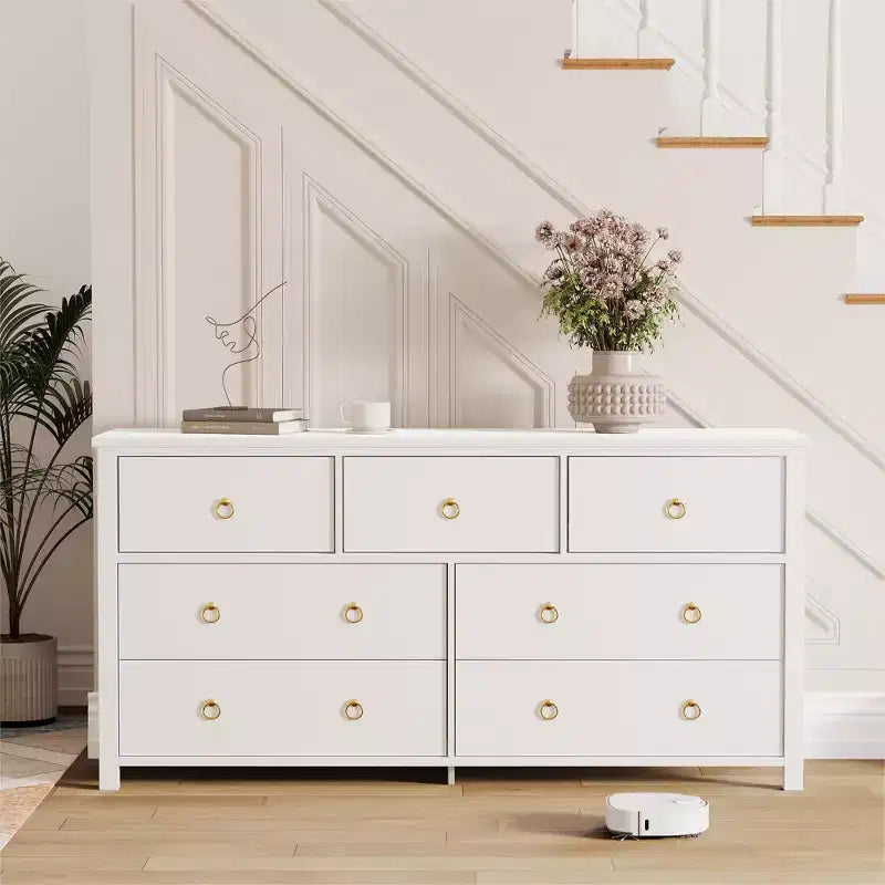 7-Drawer Dresser,Modern Wooden Storage Chest of Drawers,Dresser TV Stand,Wood Drawer Organizer with Handles for Bedroom,Living Room,Hallway,White