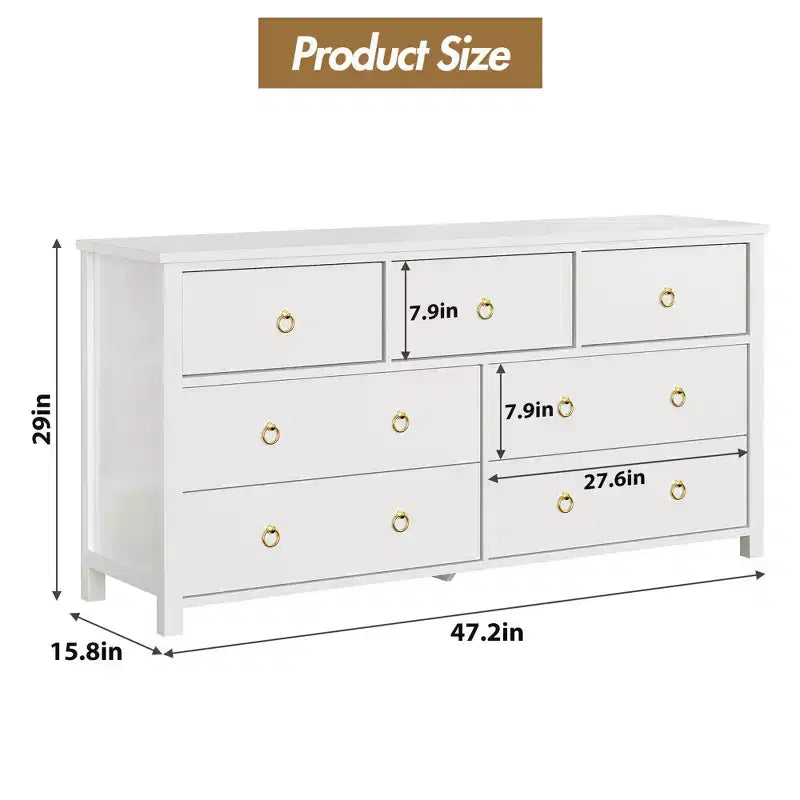 7-Drawer Dresser,Modern Wooden Storage Chest of Drawers,Dresser TV Stand,Wood Drawer Organizer with Handles for Bedroom,Living Room,Hallway,White