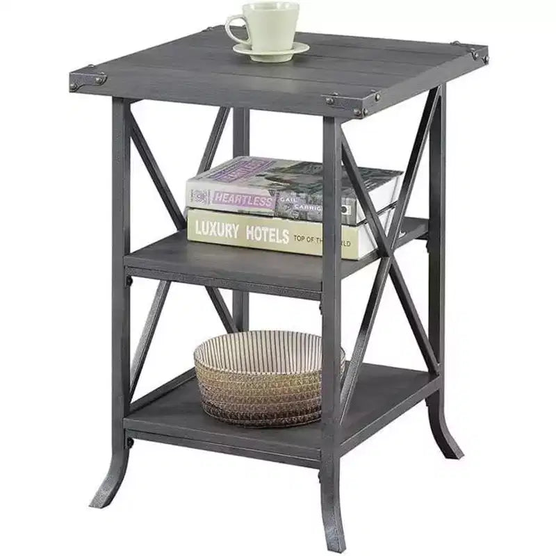 HomeStock Belmont End Table with Spacious Top, Open Bottom Shelf, Powder Coated Metal Frame and Rustic Modern Design