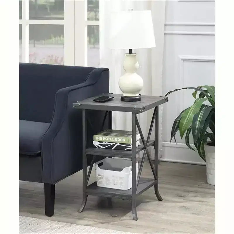 HomeStock Belmont End Table with Spacious Top, Open Bottom Shelf, Powder Coated Metal Frame and Rustic Modern Design