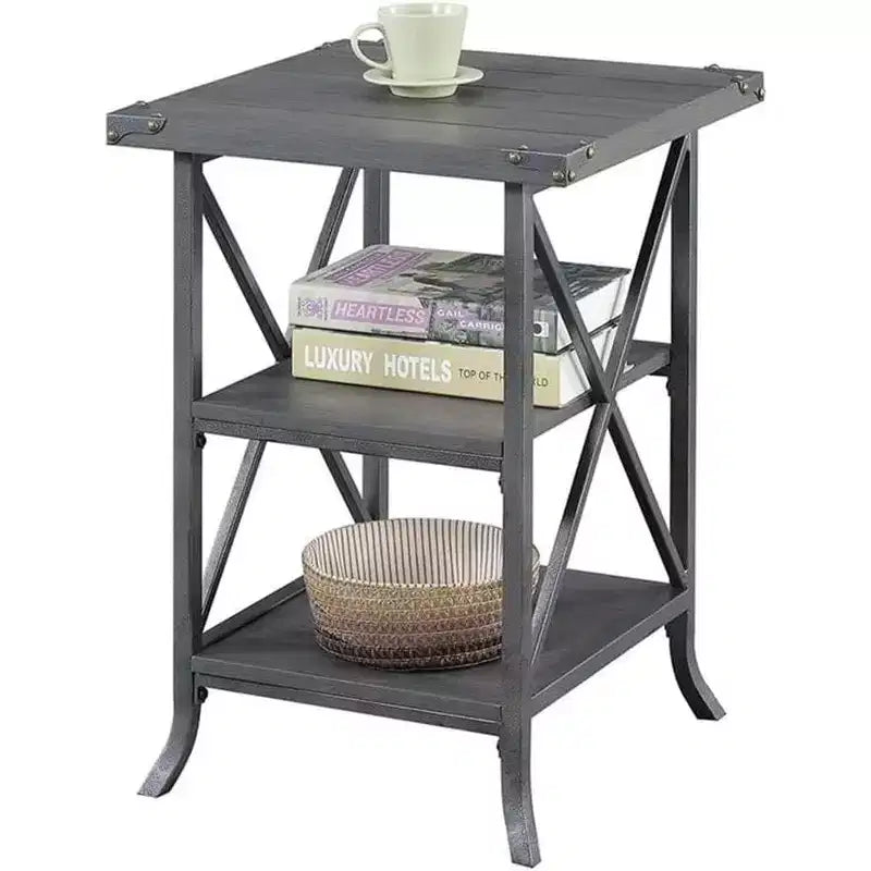 HomeStock Belmont End Table with Spacious Top, Open Bottom Shelf, Powder Coated Metal Frame and Rustic Modern Design