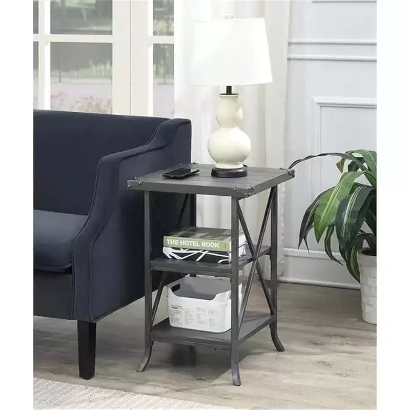 HomeStock Belmont End Table with Spacious Top, Open Bottom Shelf, Powder Coated Metal Frame and Rustic Modern Design