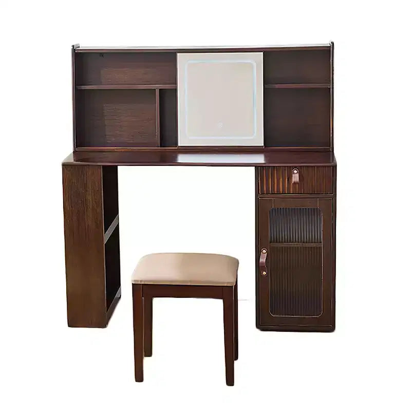 Homy Casa Vanity Table with LED Mirror Storage Hutch and Stool for Bedroom or Dressing Area, Walnut