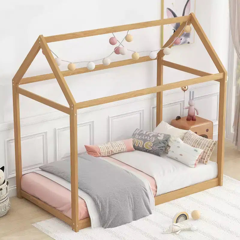Bellemave House Bed for Kids, Twin Floor Bed, Pine Wood House Floor Bed, Montessori Bed for Kids, Wood ColorPine Wood