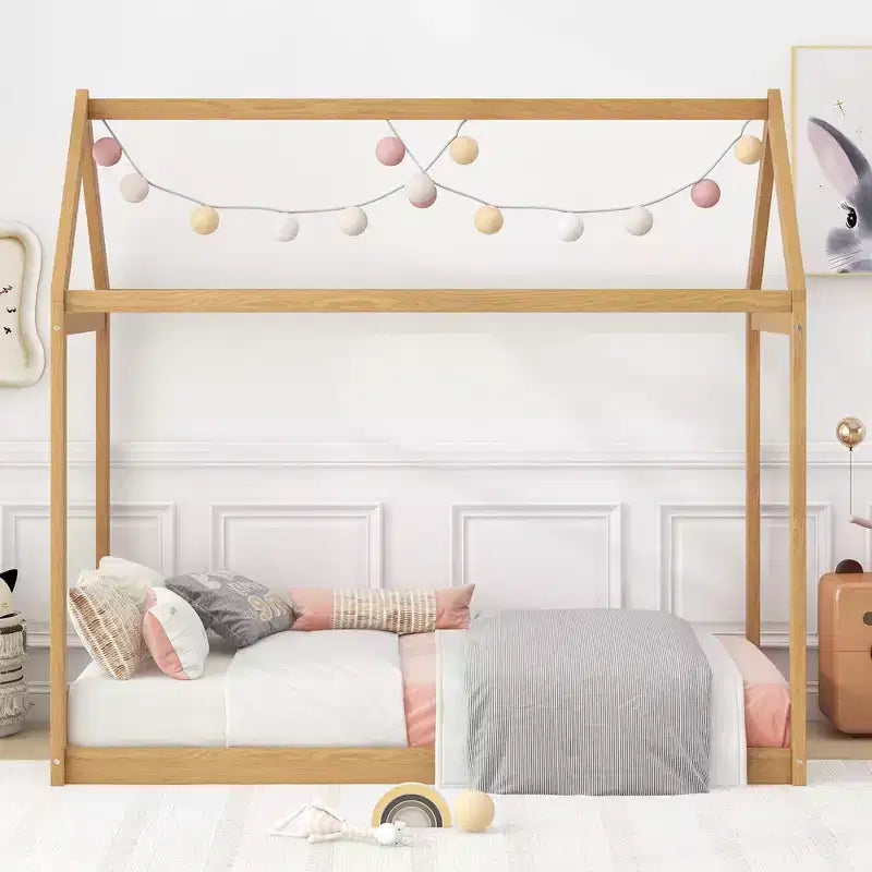 Bellemave House Bed for Kids, Twin Floor Bed, Pine Wood House Floor Bed, Montessori Bed for Kids, Wood ColorPine Wood