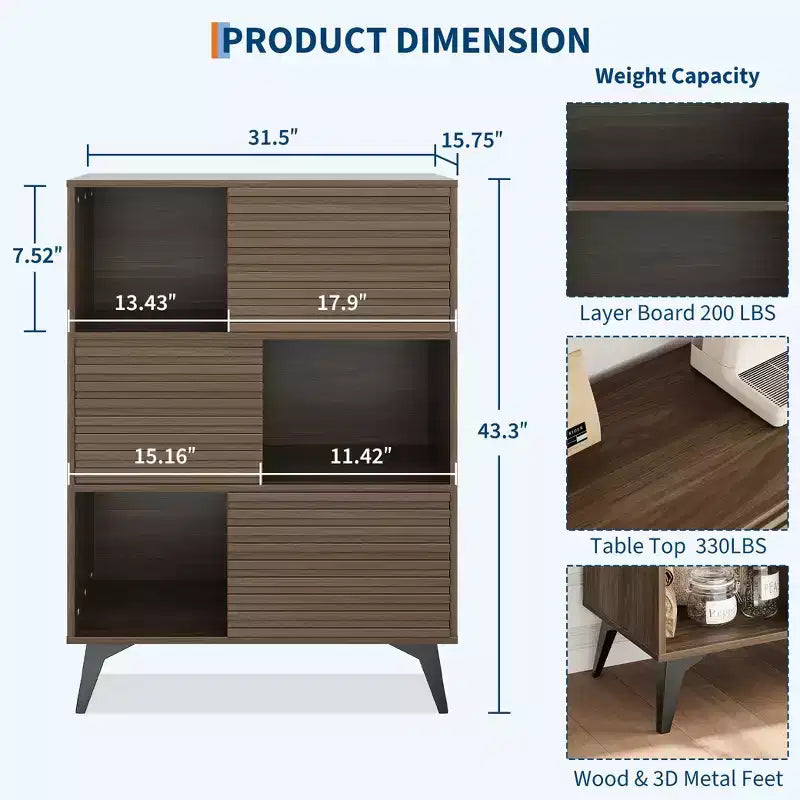 Mid-Century Modern Cabinet with Doors, 3-Tier Wooden Storage Cabinet for Living Room and Dining Room