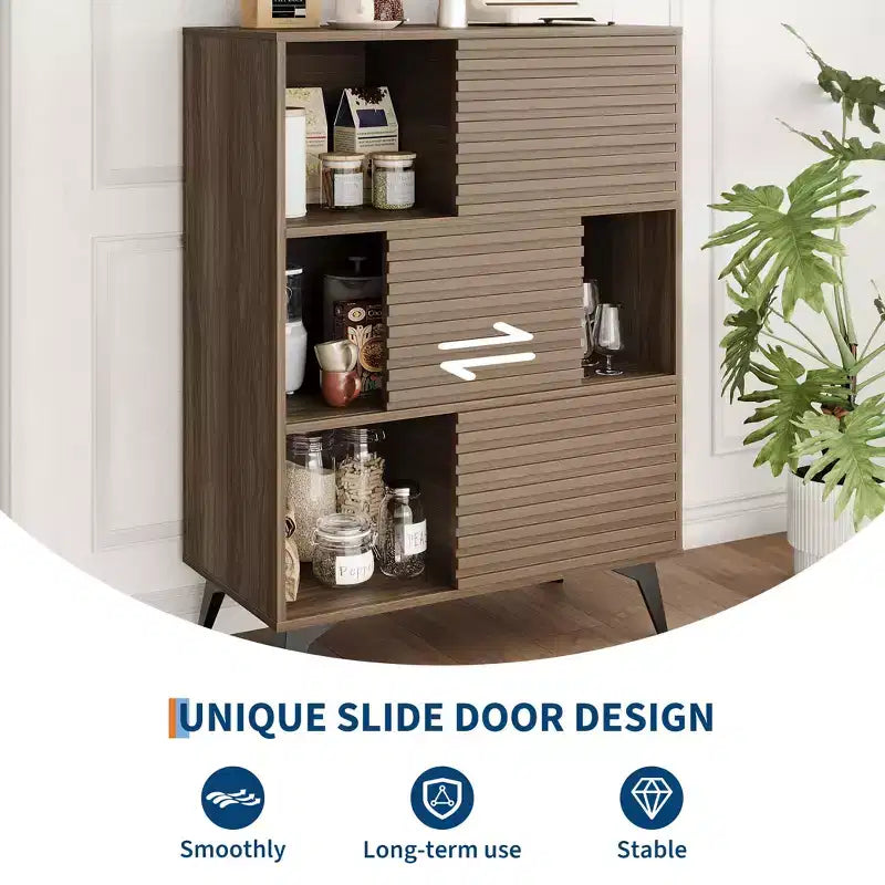 Mid-Century Modern Cabinet with Doors, 3-Tier Wooden Storage Cabinet for Living Room and Dining Room