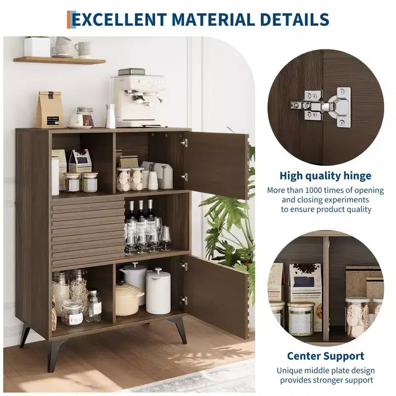 Mid-Century Modern Cabinet with Doors, 3-Tier Wooden Storage Cabinet for Living Room and Dining Room
