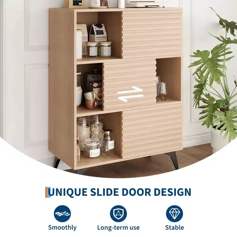 Mid-Century Modern Cabinet with Doors, 3-Tier Wooden Storage Cabinet for Living Room and Dining Room
